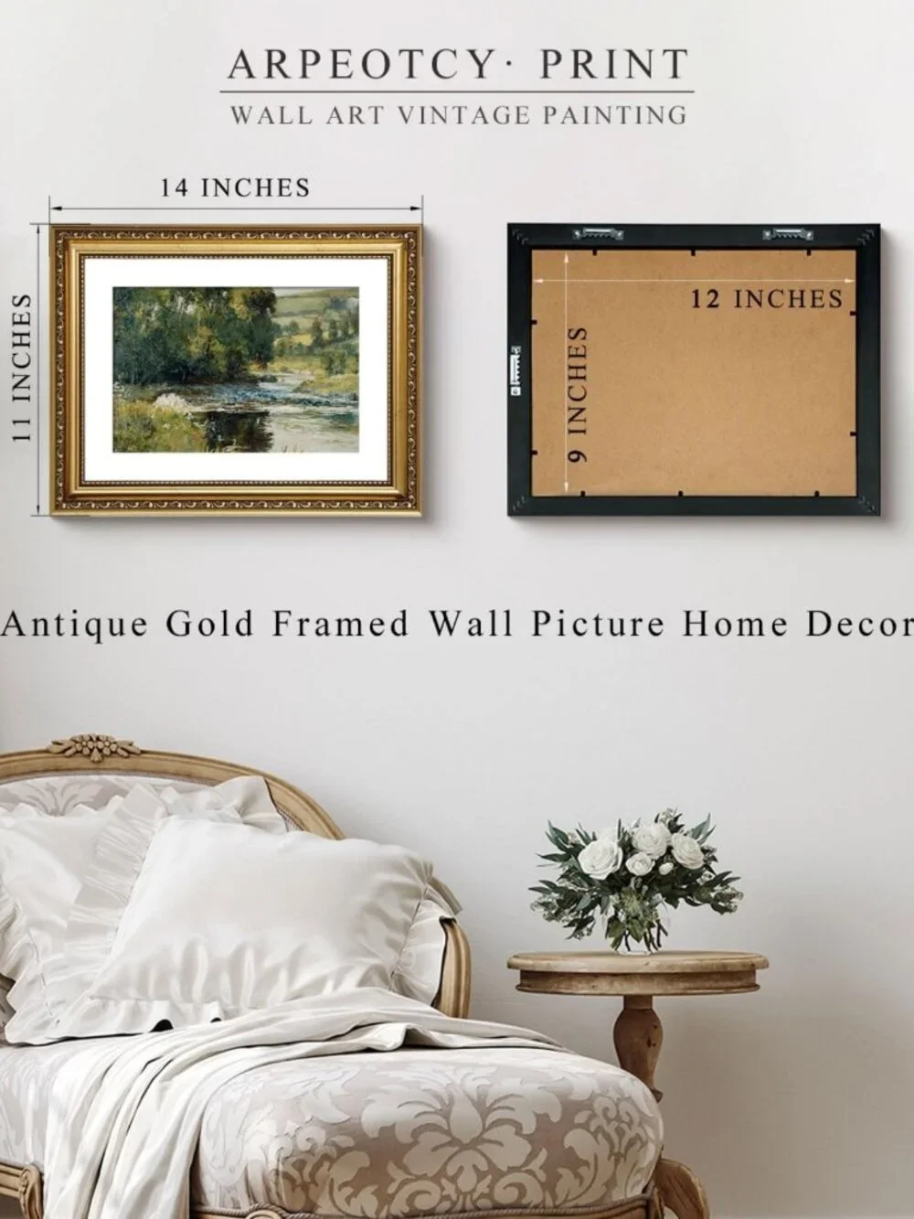 Vintage Gold Framed Wall Art - Retro Nature Canvas Print, Antique Decor 11x14